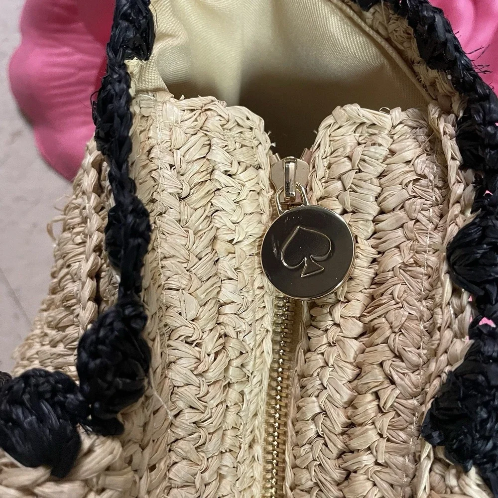 KATE SPADE x TARGET Raffia Bow Tote‎ Bag Woven Natural Black Boho Romantic Vacay